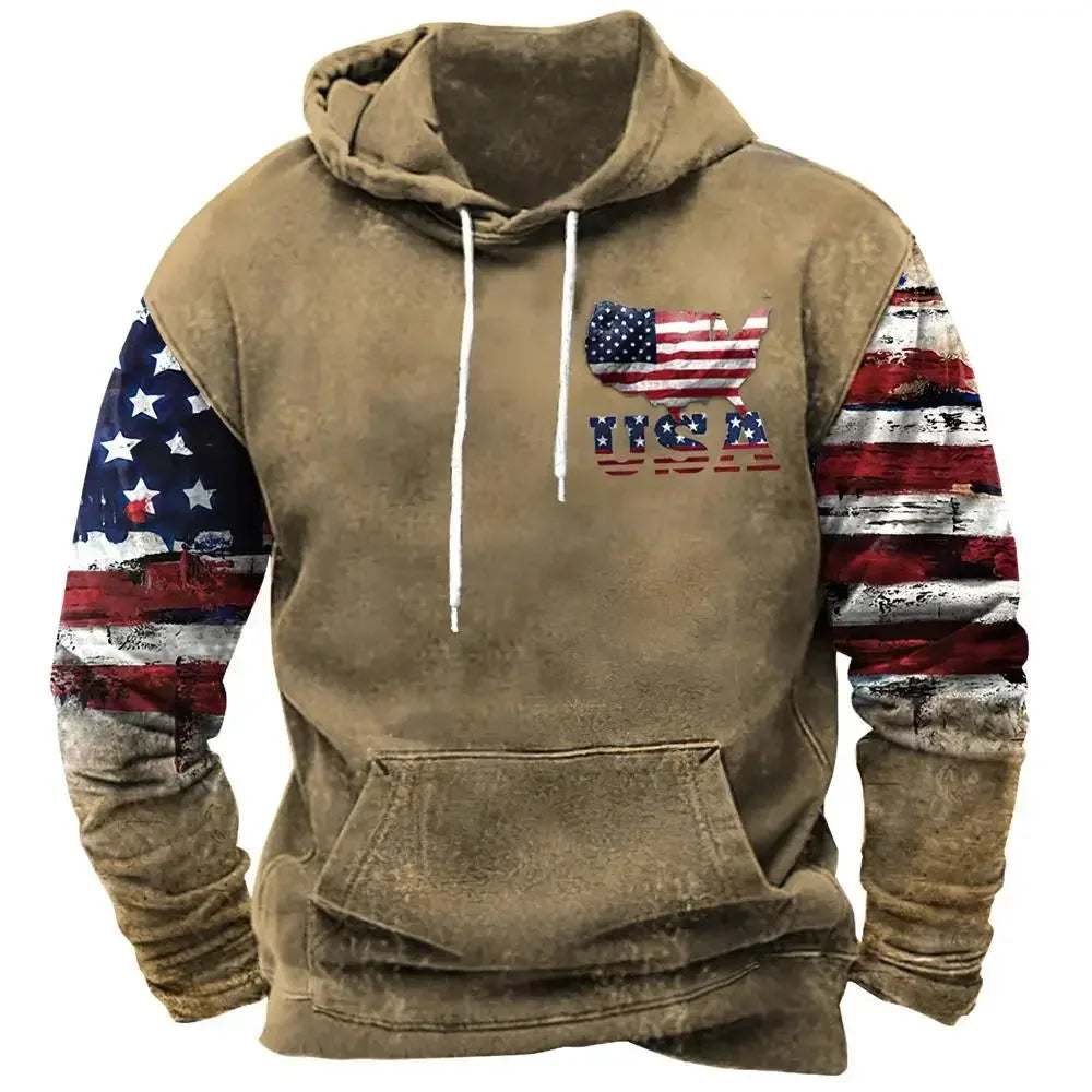 Fashionable American Flag Printed Men's Hoodie Trendy Harajuku Retro Clothing Spring and Autumn New Hoodie Sportswear