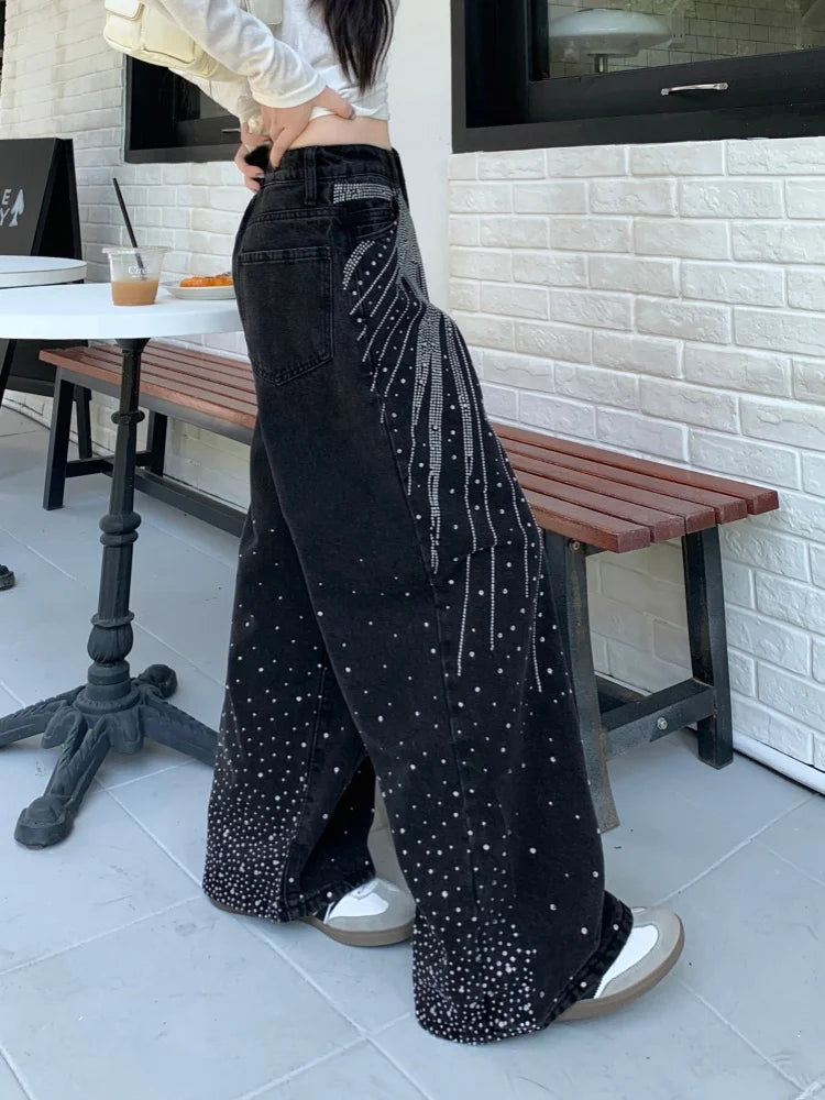 2025/2026 Ropa Y2K Style Baggy Hot Fix Rhinestone Baggy Stacked Jeans Pants For Women Clothing Wide Leg Luxury Gothic Lady Trousers