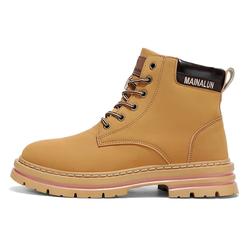 Classic Men High Top Boots High Quality Yellow Leather Boots Fashion Outdoor Sneakers Men Lace Up Non-Slip Ankle Boots for Men