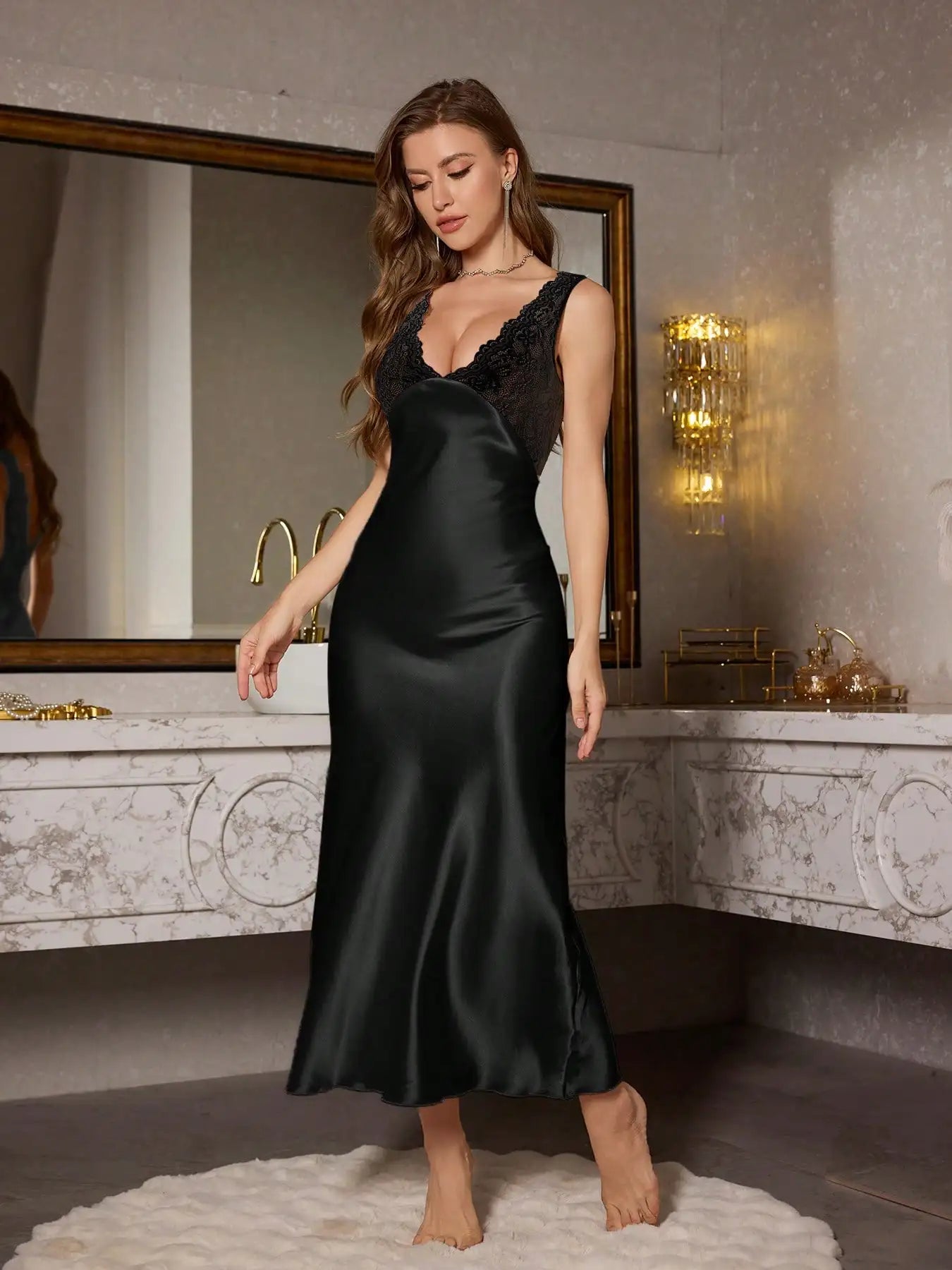 Elegant Lace-trimmed Satin Sleepdress, Women's V-neck Solid-color Pajamas, Polyester Adult All-season Sleepwear