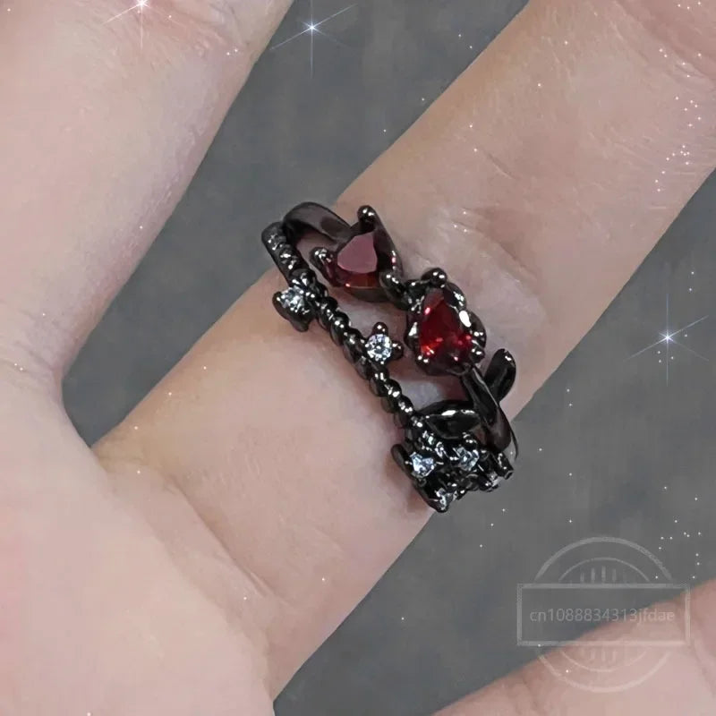 Irregular Red Crystal Glass Heart Aesthetic Rings For Women Y2K Gothic Animal Spider Ring Creative Grunge Jewelry Accessories