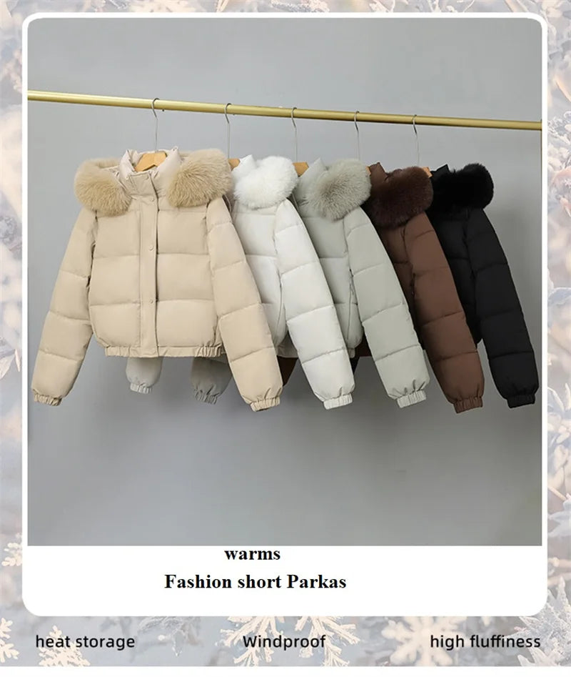 Winter Short Parkas Women's Cotton-padded Clothes Add Velvet Thicken Outerwear Fur Collar Removable Hooded Coats Warm Jackets