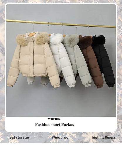 Winter Short Parkas Women's Cotton-padded Clothes Add Velvet Thicken Outerwear Fur Collar Removable Hooded Coats Warm Jackets
