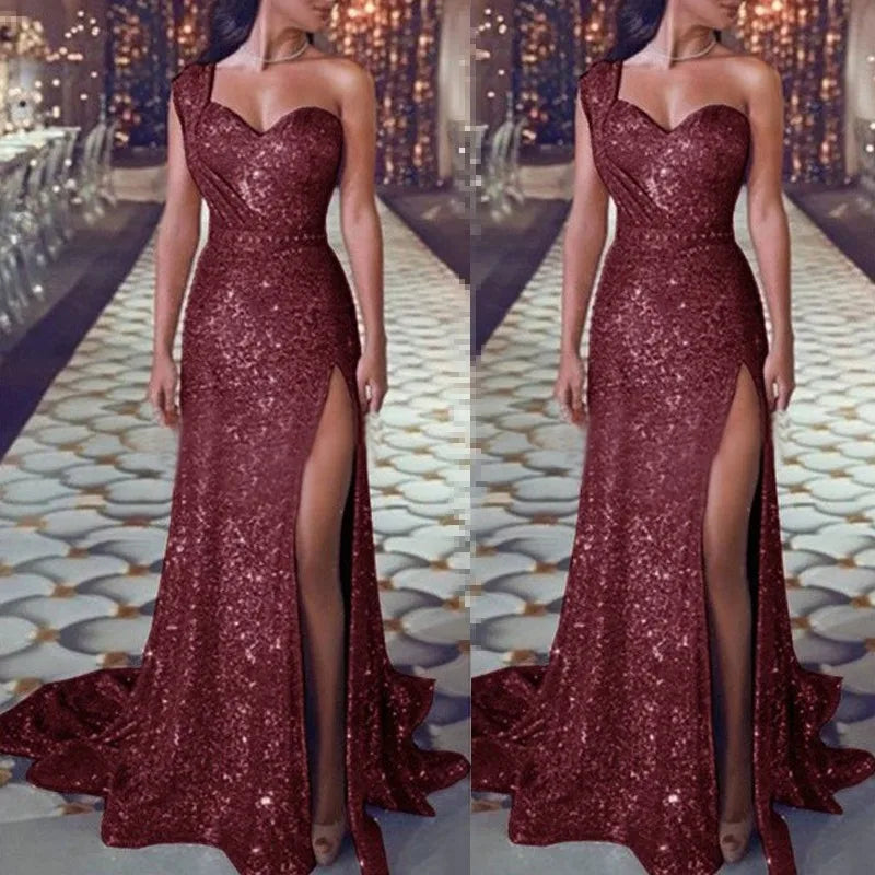 2025 Women's Wedding Party Dress Evening Elegant Sexy Deep V Neck One Shoulder Sleeveless Sequined Long Maxi Dresses For Women