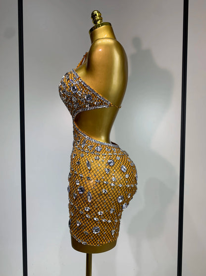 Sexy Sparkly Diamond Backless Short Dress 2025 Women Sleeveless Mesh See Through Evening Birthday Gown Singer Stage Outfit