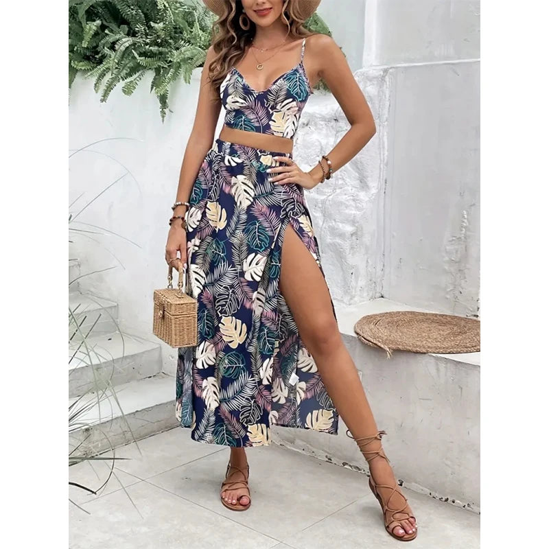 Elegant Deep V-neck Dress Women Summer Sleeveless Printed Vest Skirt Set Sexy High Slit Trend Dresses