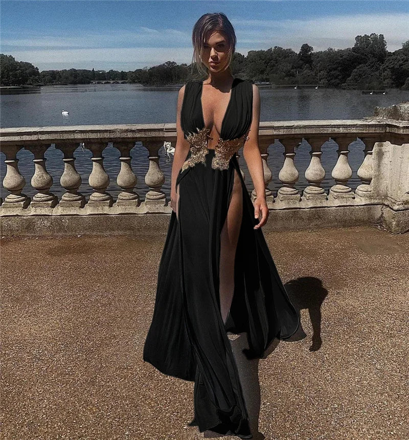 Sexy Deep V-neck Embroidery High Slit Maxi Dress Women Elegant Evening Wedding Sleeveless Backless Party Long Dresses Robe Femme