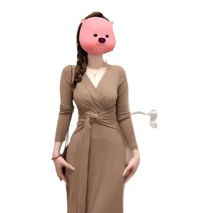 Elegant French V-neck Knot Slimming Base Layer Wrap around Skirt Long Sleeve Uneven Waist Cinched Gentle Dress