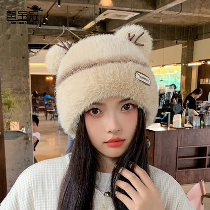 Knitted Hat Beanie Winter Warm Fleece Lined Reindeer Antlers Korean Style Cute Christmas Party Women Girls Thickened Thermal