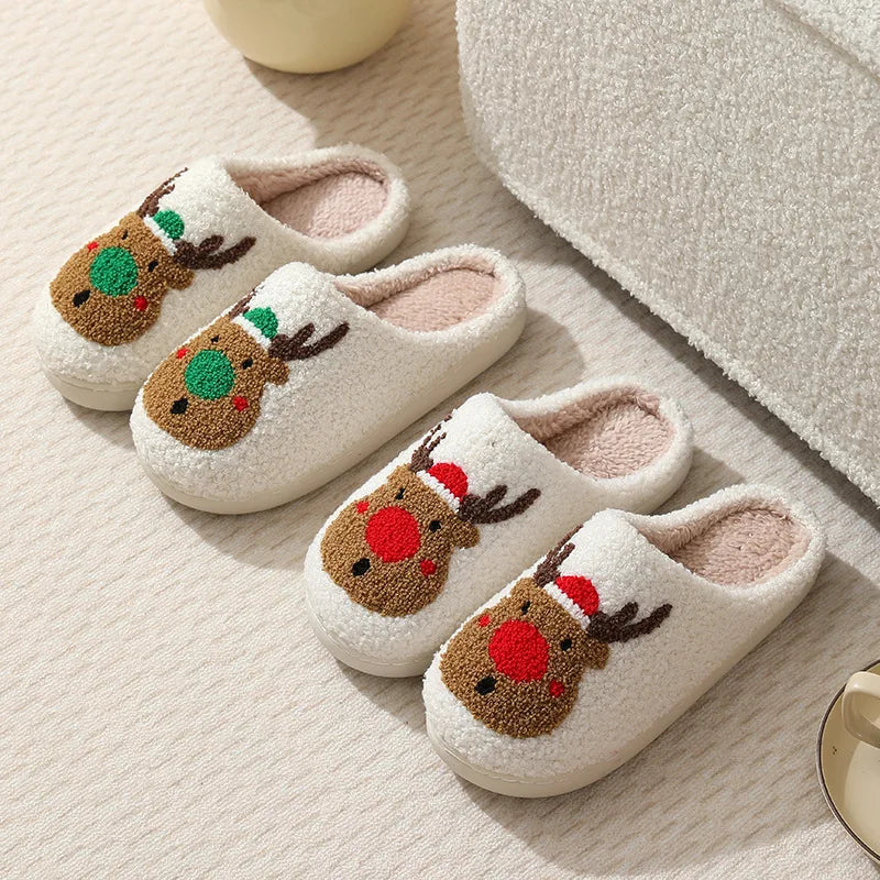 Christmas Elk Warm Cotton Slippers Women Winter Comfortable Home Slides Cute Furry Reindeer Warm Plush Sandals for Men Women