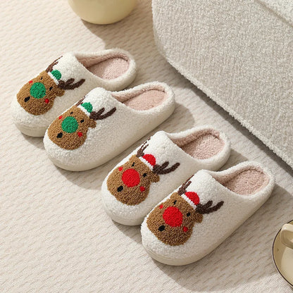 Christmas Elk Warm Cotton Slippers Women Winter Comfortable Home Slides Cute Furry Reindeer Warm Plush Sandals for Men Women