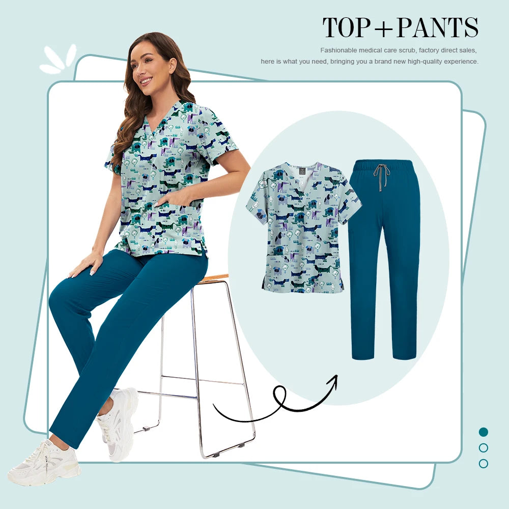 Scrubs Uniforms Sets High-quality Medical Scrub Multicolor Animal Printed Women Scrub Tops Medical Scrubs Uniform Nurse Lab Wear