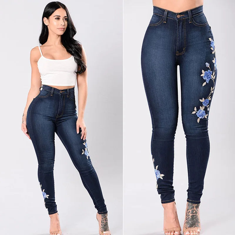 New Women's High Waist Embroidered Jeans Fashion Slim Stretch Denim Pencil Pants Street Trendy Trousers S-3XL Drop Shipping