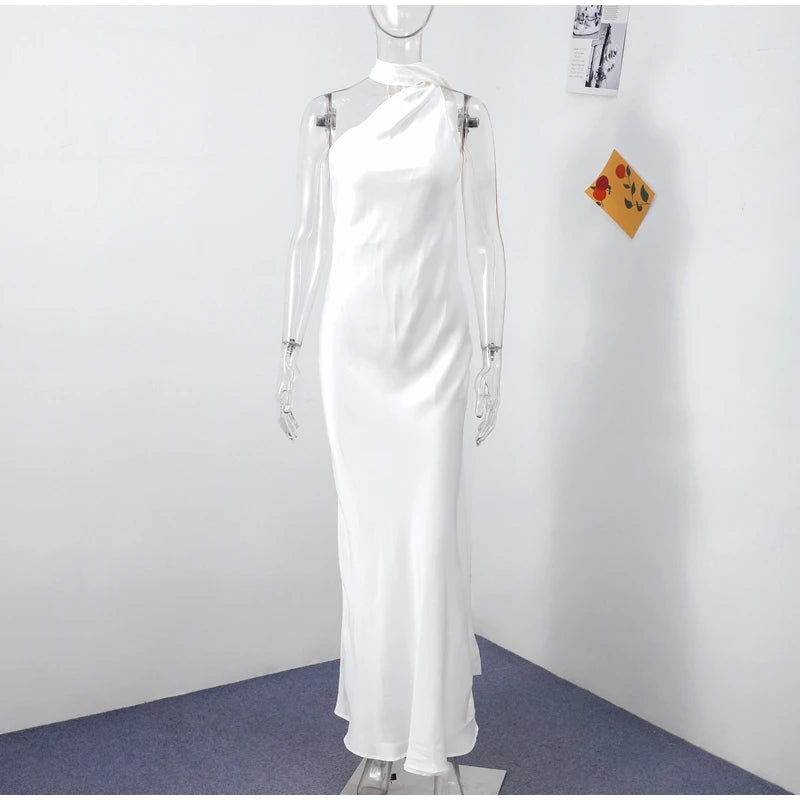 Elegant Ribbon Halter Dress Women Solid Off Shoulder Sleeveless Backless Slim Maxi Dresses 2026 Summer Autumn Party Robes Lady