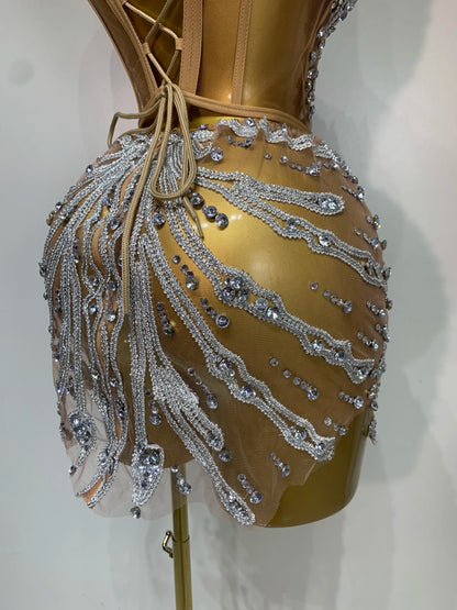 Women Sexy Strapless Rhinestones  Mini Dress Performance Costume See Through Stage Dancer Club Evening Party Birthday Dress