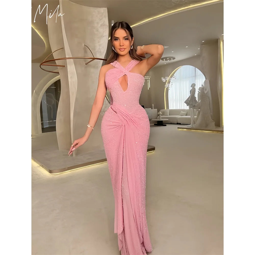 Mila Halter Neck Mermaid Prom Dresses Cut-out Sleeveless Evening Dresses Floor-Length Shiny Sequins Customized Party Dresses