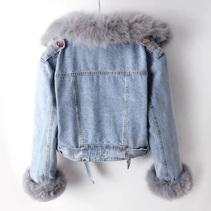New Women Faux Fox Fur Collar Jean Coat Winter Jacket Female Short Warm Parkas Rabbit Hair Lining Outwear Fashion Overcoat