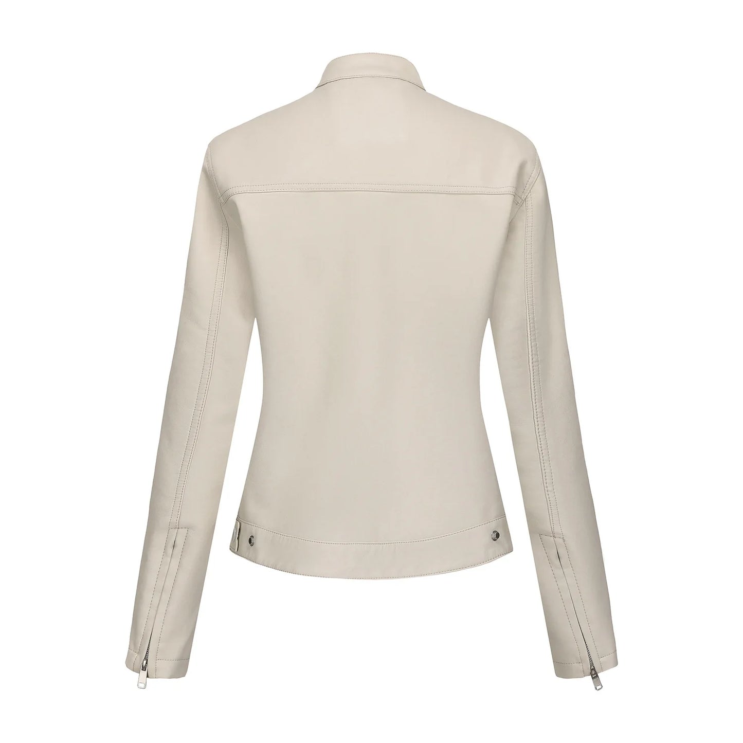 Black Women's Fitted Leather Jacket with Front Zipper & Side Pockets‌, Available in Brown, Navy Blue, and Beige.