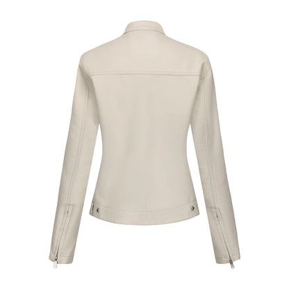 Black Women's Fitted Leather Jacket with Front Zipper & Side Pockets‌, Available in Brown, Navy Blue, and Beige.