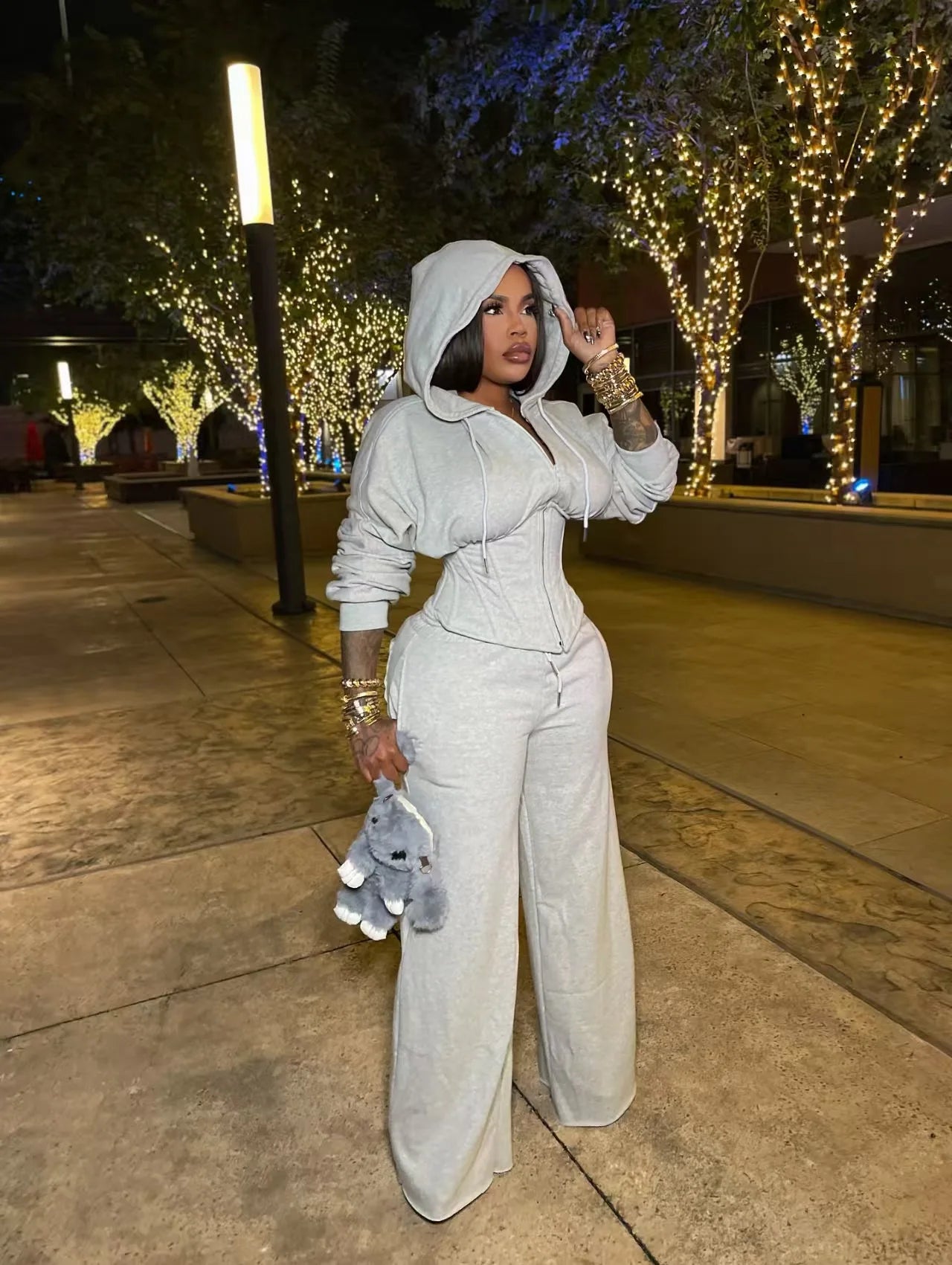 FAGADOER Casual 2 Pieces Set for Woman Outfits Solid Color Bandage Patchwork Hooded Crop Top and Pants Suit Female Streetwear