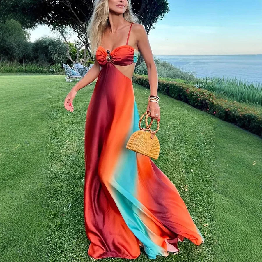 Summer 2025 & 2026 Elegant Women's Long Dress Bohemian Off-Shoulder Bodycon Dress Sexy Strap Gradient Island Style Beach Maxi Dresses
