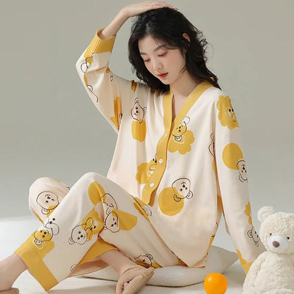 Women Spring and Fall Two-Piece Pajamas Cardigan Long-Sleeved Long Pants Thin Section Polka Dot Printing Maternity Homewear