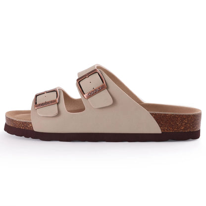 Comwarm Fashion Men Leather Sandals Summer Cork Footbed Slide Sandals Beach Sandals Unisex Brand Sandals with Adjustable Buckle