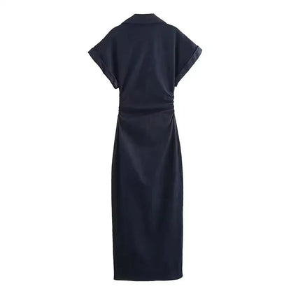 Denim Dress Women's Spring Summer Casual Long Dresses For Women 2025 New Fashion Ruched Short Sleeve Streetwear Midi Dress