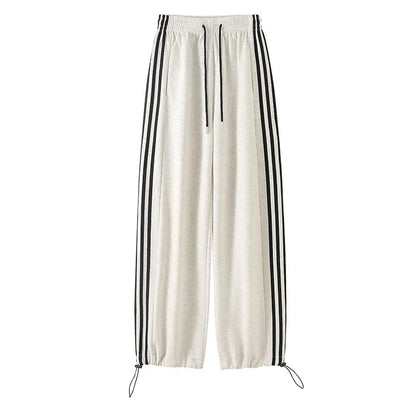 Black Striped Sports Pants Women's Spring Autumn Wide Leg Casual Loose High Waist Straight Leg Sweatpants
