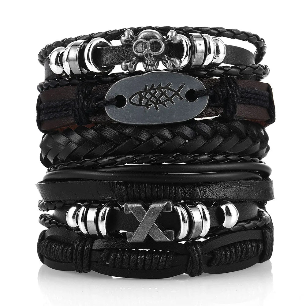 Fashion Bracelet Viking  Bracelet For Men Hand Bracelets Woven Skull Hand Jewelry Adjustable Leather Set viking man bracelet