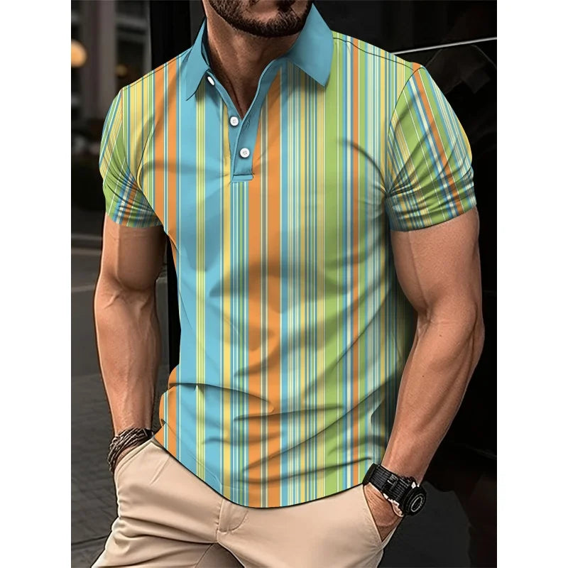 3D Print Stripes Color Block Polo Shirt For Men Colorful Pattern T-Shirts Summer Loose Street Lapel Top Button Short Sleeve Tees
