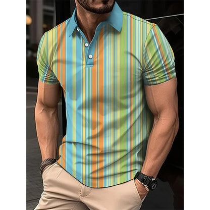 3D Print Stripes Color Block Polo Shirt For Men Colorful Pattern T-Shirts Summer Loose Street Lapel Top Button Short Sleeve Tees