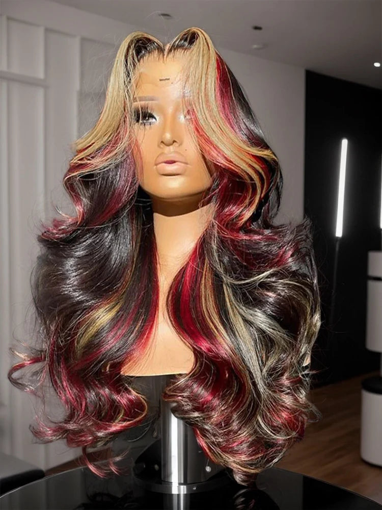 Highlight Black Red Blonde Wig Human Hair 5x5 Glueless Body Wave  Balayage Colored Wigs Human Hair Pre Plucked 180% Density