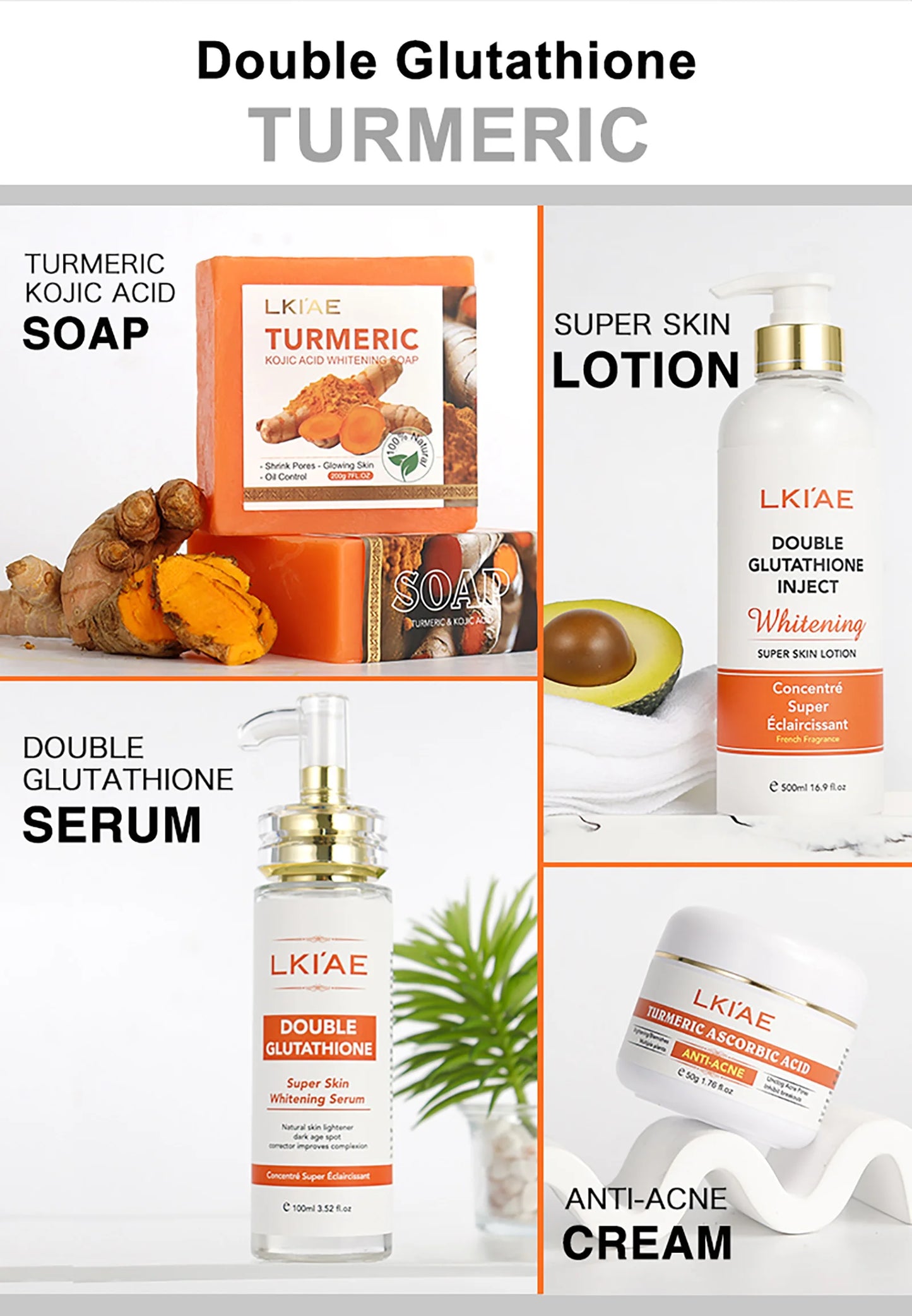 AILKE Lightening and Acne Removal Skin Care Range, With Double Glutathione, Vitamin C, Hydrating, Smooth Skin, Even Skin Tone