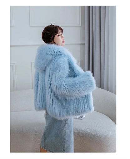 Fox Fur Coat Women's Winter Fashion Warm 100% Fox Fur Coat Hooded Long Sleeved Sweet Women's Luxury Designer Coat