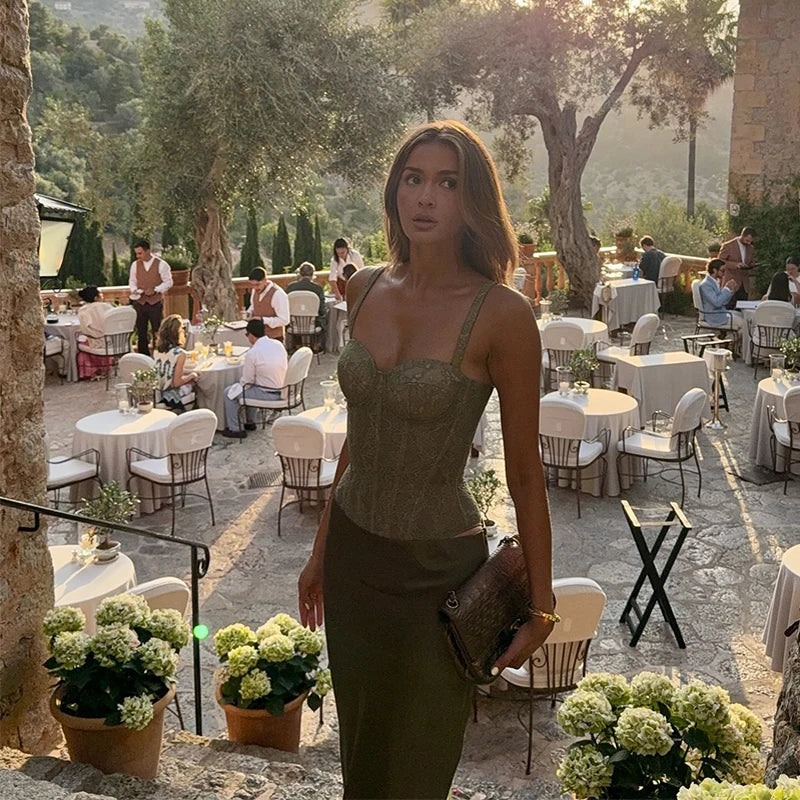 Elegant Women Summer Party Dresses Sets 2 Pieces Lace High Waist Lace Up Spaghetti Strap Top Satin Zipper Party Skirt Outfits