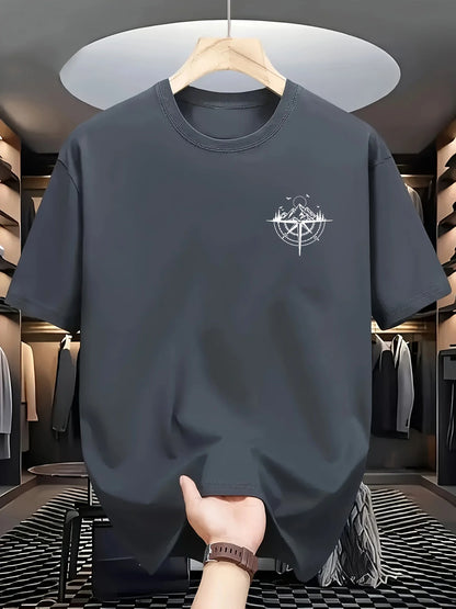 Summer Men's 100% Cotton Mountain Compass Graphic Printed Casual Loose Sports Comfortable Round Neck Short Sleeve T-shirt Top