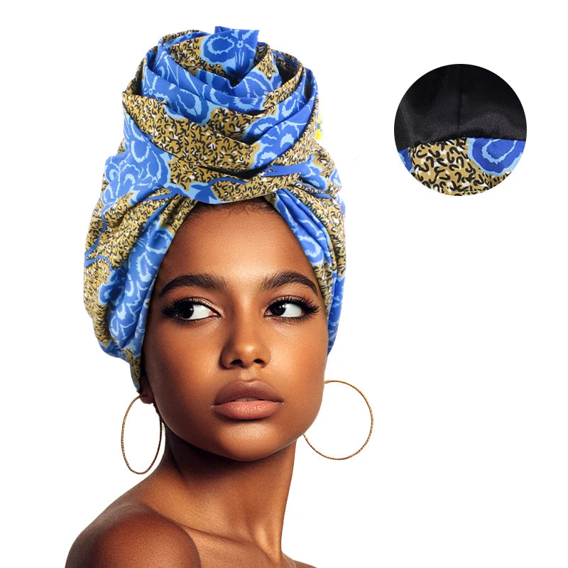 Woman African Satin Lined Turban Cap Big Flower Hat Floral Printed Headwrap Bonnet Muslim Headscarf Ladies Beanies