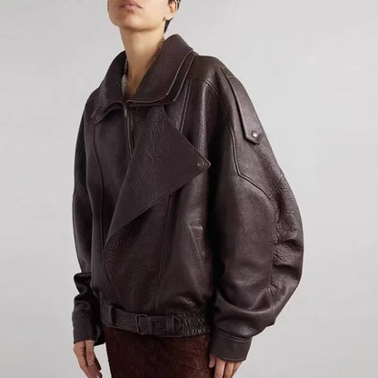 Vintage Zippers Short Leather Jackets Women's Casual Lapel Button Pockets Full Sleeve Coat 2025 Autumn New Lady Chic Streetwear