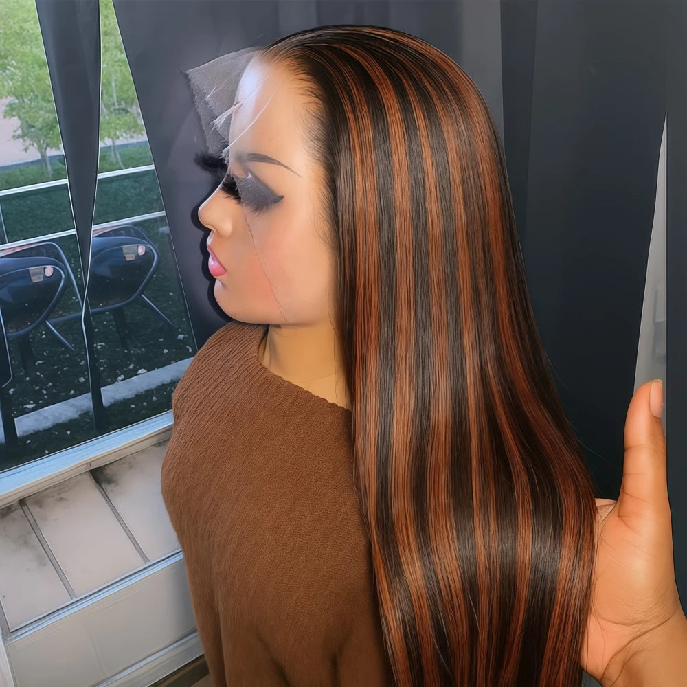 1B/30 Highlight Bone Straight 13x4 Lace Frontal Wigs Human Hair 30 Inch Ombre Brown With Black Colored Human Hair Wig For Women