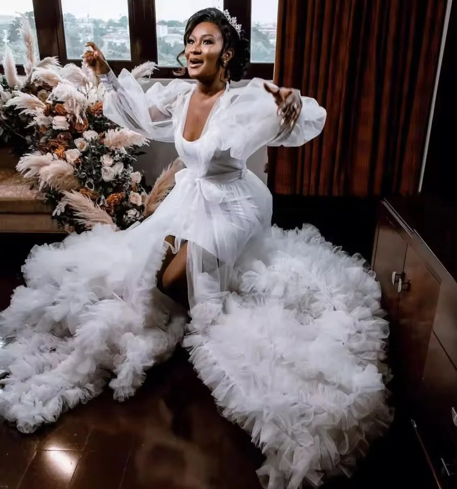 Puffy Wedding Robe Tulle Long Sleeves Ruffles Bathrobe Bride Women Gowns Bridal Boudoir Maternity Prom Dress Photoshoot