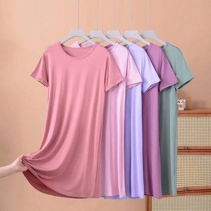 Plus size XL to 8XL Modal dress short sleeves summer women's cool dresses Solid color Bottomed sleepdress mid-length homewear