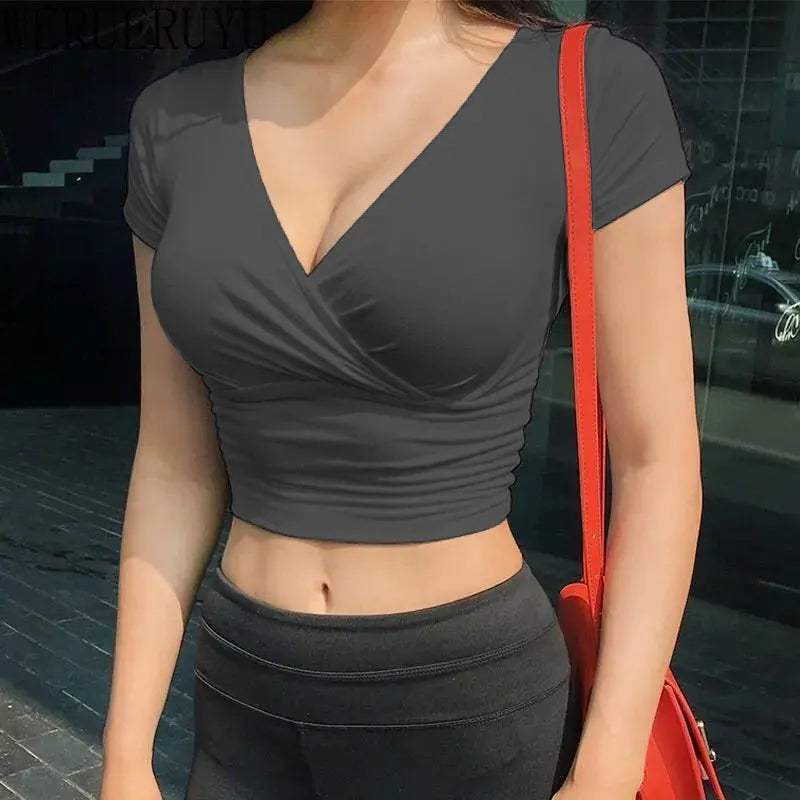 New Summer Black Sexy V-neck T-shirt Short Sleeve Y2k Crop Top Women Clothes Streetwear Korean Fashion Corset Tops Tshirts 2026