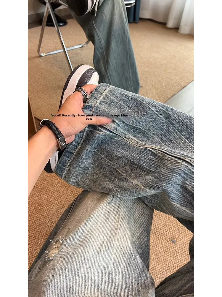 American Lightning Texture Ripped Denim Jeans Straight Leg Wide Leg Loose Fit Casual Summer Jeans for Men And Women