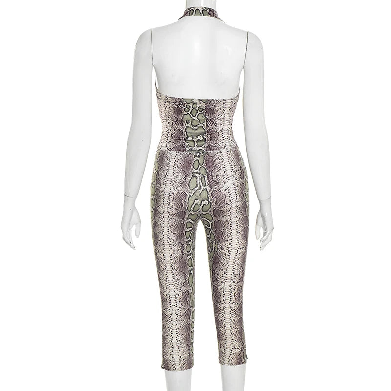 CUTENOVA Fall New Arrival Women Snake Print Hanging Neck  Sleeveless Tank Top & Slim-Fit Seven Points Pants Set Street Chic Suit