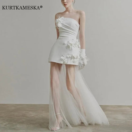 Wedding Dresses Sweet Flower Strapless For Women 2025 Satin White Evening Dress Elegant Floor-length Simple Wedding Shooting