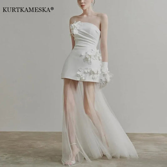 Wedding Dresses Sweet Flower Strapless For Women 2025 Satin White Evening Dress Elegant Floor-length Simple Wedding Shooting