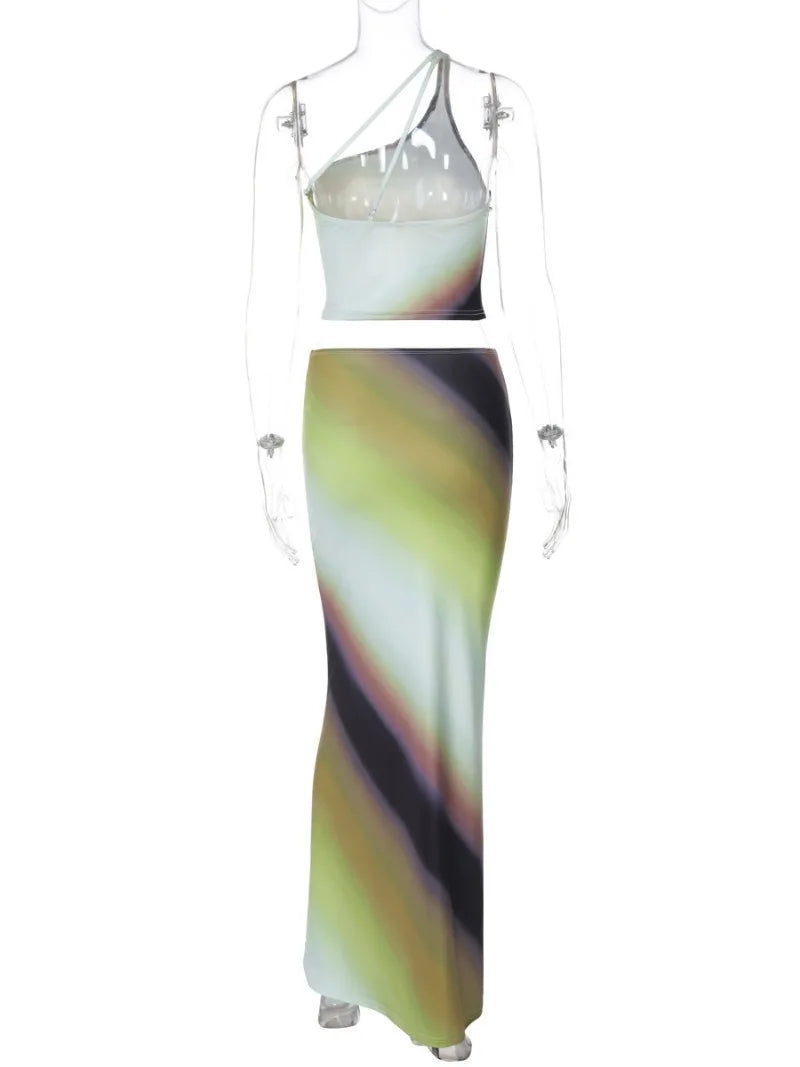 Elegant One Shoulder Green Gradient Color Vacation Beach Dress 2 Piece Set Women One Shoulder Backless Tank Top Long Skirts Suit