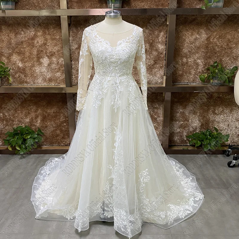 RODDRSYA Elegant O-Neck Wedding Dress Lace Up A-Line Applique Tulle Long Sleeves Beach Bride Gowns vestidos de novia Customized