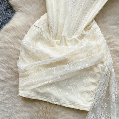 SINGREINY French Strapless Sexy Short Dress 2025 Heart Hollow Out Beading Sundress Backless Corset Lace Beach Mini Dress